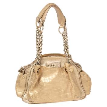 Pre Owned Versace Gold Croc Embossed Leather and Leather Chain Link Satchel