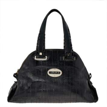 Pre Owned Versace Black Leather Zip Satchel