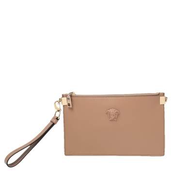 Pre Owned Versace Beige Leather Medusa Wristlet Clutch