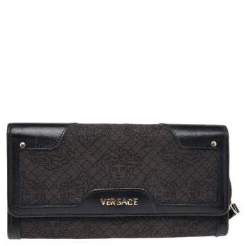 Pre Owned Versace Black Monogram Canvas and Leather Wallet on Chain