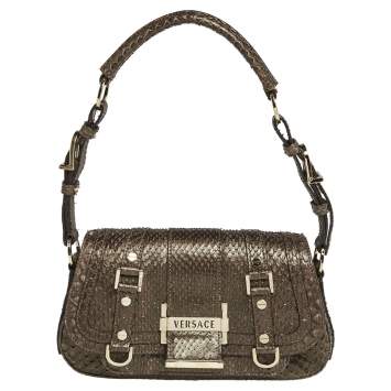 Pre Owned Versace Brown Python Small Flap Shoulder Bag