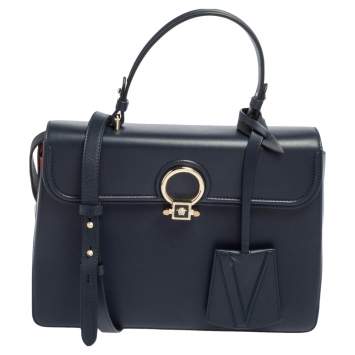 Pre Owned Versace Navy Blue/Orange Leather And Suede DV One Top Handle Bag