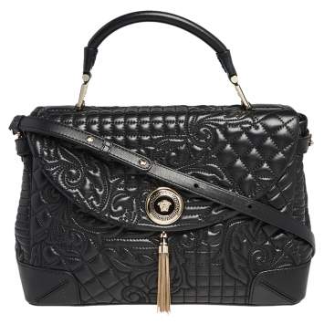 Pre Owned Versace Black Barocco Leather Altea Top Handle Bag