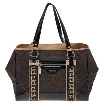 Pre Owned Versace Black Canvas And Patent Leather Tote
