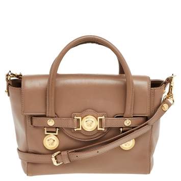 Pre Owned Versace Dark Beige Leather Small Medusa Medallion Tote