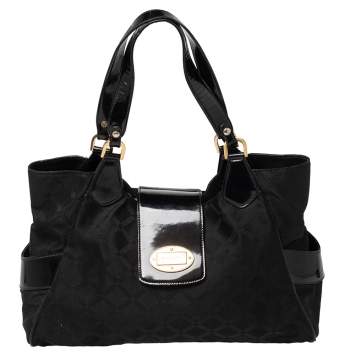 Pre Owned Versace Black Monogram Nylon and Patent Leather  Logo Plague Flap Tote