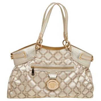 Pre Owned Versace Metallic Gold Signature Canvas And Leather Shoulder Bag