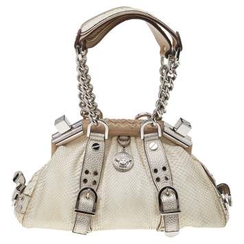 Pre Owned Versace White, Metallic Gold Snakeskin And Leather Medusa Satchel