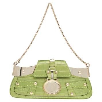 Pre Owned Versace Green Croc Embossed Leather Chain Clutch