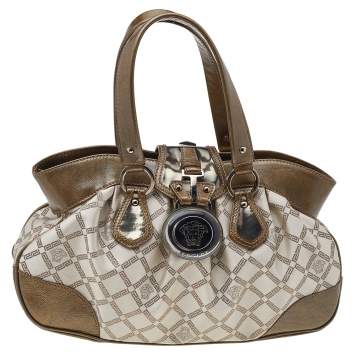 Pre Owned Versace Metallic Gold/Cream Signature Canvas And Leather Shoulder Bag
