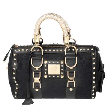 Pre Owned Versace Black Fabric and Leather Trim Snap Out Of It Satchel