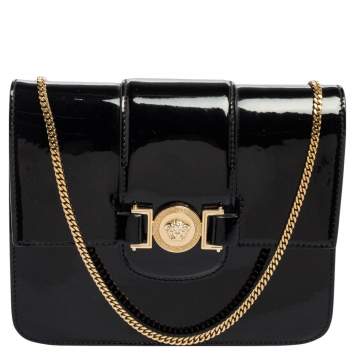 Pre Owned Versace Black Patent Leather Young Medusa Chain Crossbody Bag