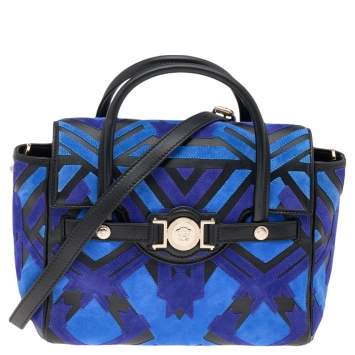 Pre Owned Versace Blue/Black Suede And Leather Patchwork Kmeoc Satchel