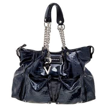 Pre Owned Versace Navy Blue Croc Embossed Patent Leather Chain Satchel