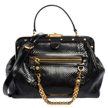 Pre Owned Versace Black Leather and Python Frame Studded Satchel 