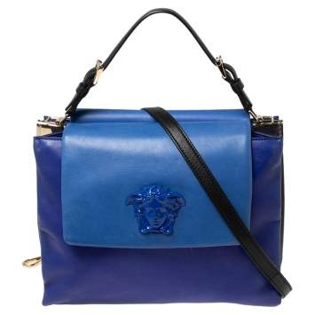 Pre Owned Versace Blue Leather Medusa Flap Top Handle Bag