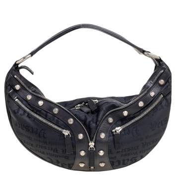 مملوكة مسبقًا Versace Black Embroidered Print Fabric Studded Hobo