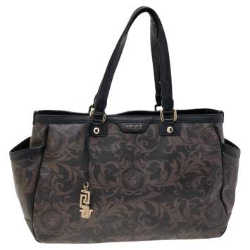 Pre Owned Versace Brown/Black Barocco Print Coated Canvas and Leather Tote