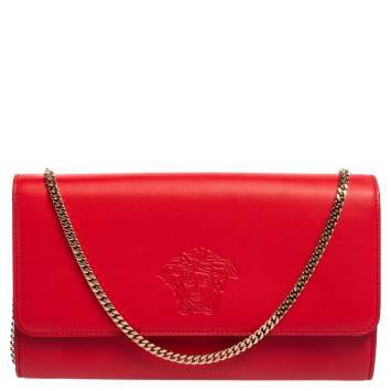 Pre Owned Versace Red Leather Flap Wallet On Chain 