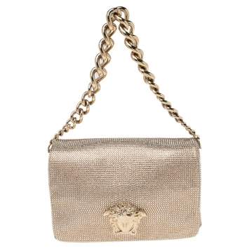 Pre Owned Versace Gold Leather Crystal Embellished Sultan Medusa Shoulder Bag