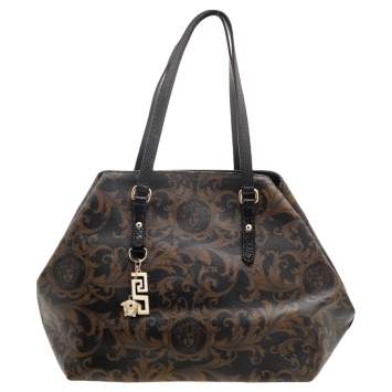 Pre Owned Versace Black/Brown Medusa Floral Printed Coated Canvas & Snakeskin Leather Tote