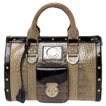 Pre Owned Versace Black/Brown Ombre Croc Embossed Patent Leather Boston Bag