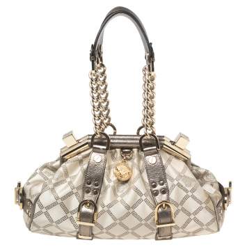 Pre Owned Versace Olive Green/Cream Signature Fabric and Leather Madonna Frame Satchel