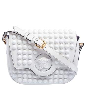 Pre Owned Versace White Leather La Medusa Studded Shoulder Bag