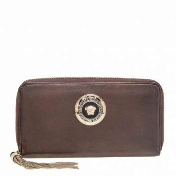Pre Owned Versace Metallic Brown Leather Medusa Zip Around Wallet