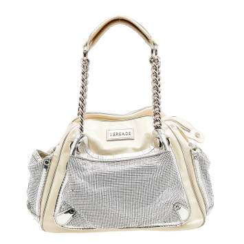 Pre Owned Versace Cream/Sliver Patent Leather And Metallic Mesh Chain Link Satchel