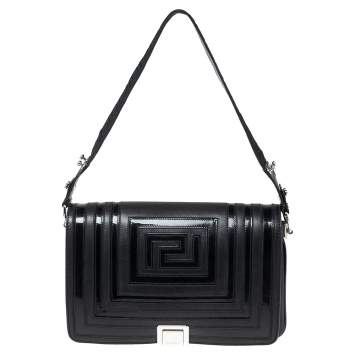 Pre Owned Versace Black Quilted Patent and Leather Flap Shoulder Bag