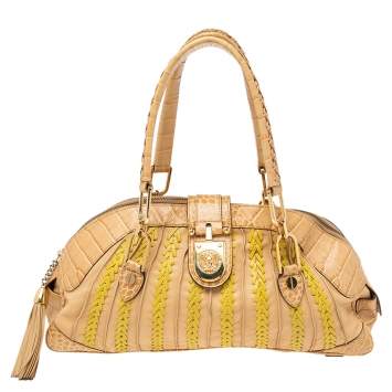 Pre Owned Versace Beige & Yellow Leather and Croc Embossed Leather Woven Detailed Bowler Bag