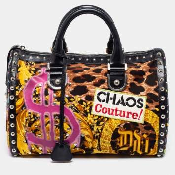 Pre Owned Versace Multicolor Archival Print Canvas and Leather Chaos Couture Studded Boston Bag 