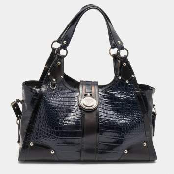 Pre Owned Versace Navy Blue/Black Croc Embossed Patent Leather and Coated Canvas Medusa Buckle Satchel