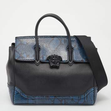 Pre Owned Versace Black/Blue Python And Leather Medusa Palazzo Empire Tote