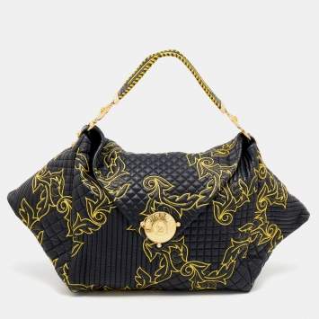 مملوكة مسبقًا Versace Black/Yellow Barocco Leather Floral Stitch Hobo