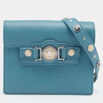 Pre Owned Versace Blue Leather Medusa Buckle Flap Crossbody Bag