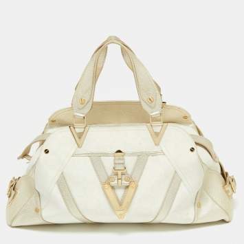 Pre Owned Versace Gold/White Monogram Fabric and Leather V Satchel 