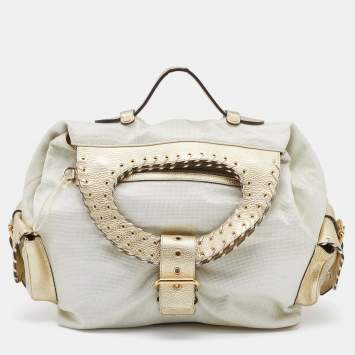 Pre Owned Versace Metallic Light Beige/Gold Technical Fabric and Leather Satchel