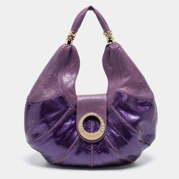 مملوكة مسبقًا Versace Purple Snakeskin and Leather Crystal Embellished Flap Hobo