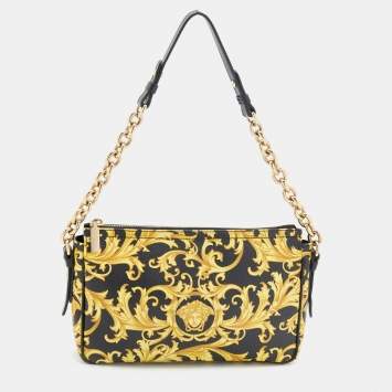 Pre Owned Versace Black/Yellow Barocco Medusa Print Leather Chain Shoulder Bag