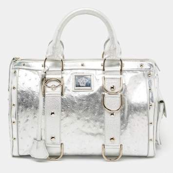 Pre Owned Versace Metallic Silver Ostrich Embossed Leather Snap Out Of It Satchel