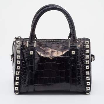 Pre Owned Versace Metallic Black Croc Embossed Leather Studded Satchel