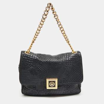 Pre Owned Versace Black Barocco Leather Flap Shoulder Bag