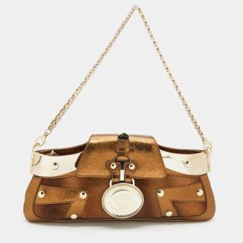 Pre Owned Versace Bronze Leather Trimmed and Calfhair Chain Shoulder Bag