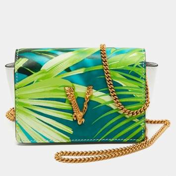 Pre Owned Versace Multicolor Jungle Print Leather Mini Virtus Wallet On Chain
