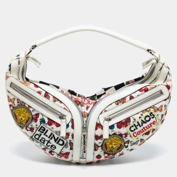 Pre Owned Versace White/Black Printed Canvas,and Leather Shoulder Bag
