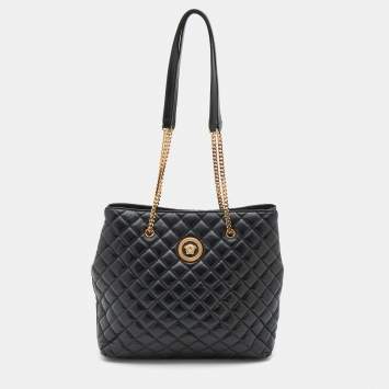Pre Owned Versace Black Quilted Leather Medusa Tote
