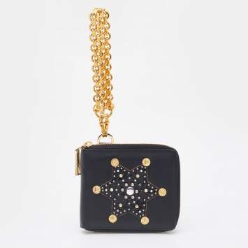 Pre Owned Versace Black Leather Embellished Zip Around Bifold Wallet