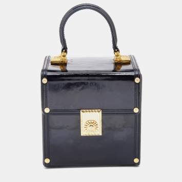 Pre Owned Versace Black Leather Vintage Sun Vanity Box Trunk Handle Bag